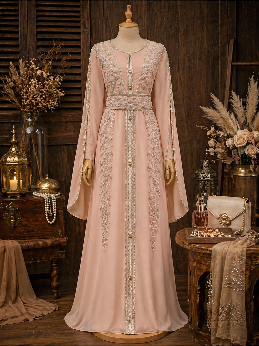 Elegant Blush Pink Embroidered Long Dress